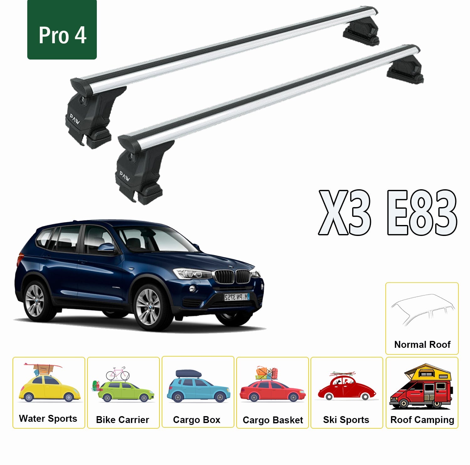 Compatible for Bmw X3 E83 2003-2010 Roof Rack System, Aluminium Cross Bar, Metal Bracket, Normal Roof, Silver Compatible for Bmw X3 E83 2003-2010 Roof Rack System, Aluminium Cross Bar, Metal Bracket, Normal Roof, Silver